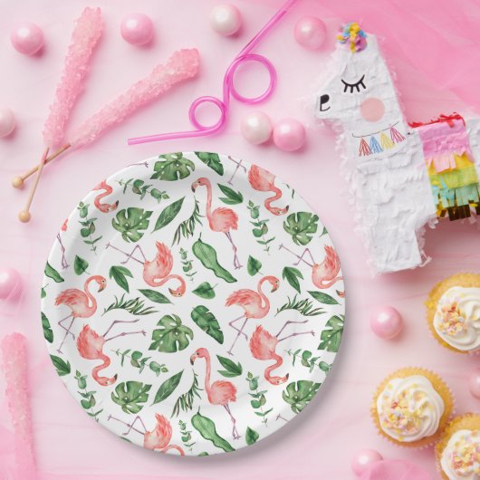 Tropisch rosa Flamingo Muster v2 Pappteller (Party)