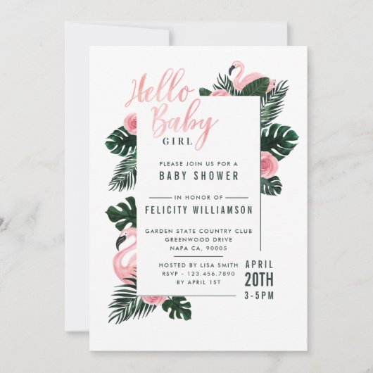 Tropisch rosa Flamingo Rose Kinderdusche Einladung (Vorderseite)