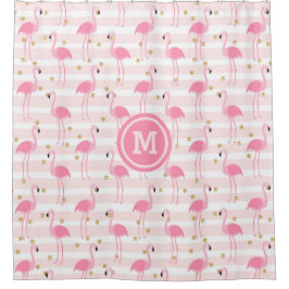Tropisch rosa Flamingo Stripe Monogram  Duschvorhang