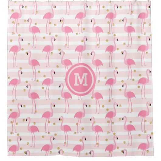 Tropisch rosa Flamingo Stripe Monogram  Duschvorhang (Vorderseite)
