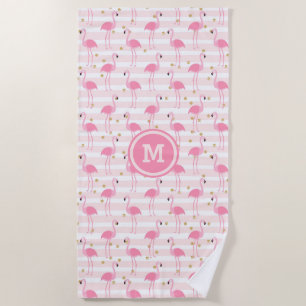 Tropisch rosa Flamingo Stripe Muster Monogram Strandtuch