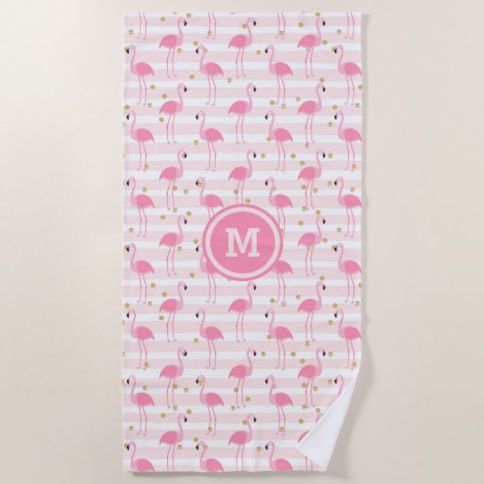 Tropisch rosa Flamingo Stripe Muster Monogram Strandtuch (Vorderseite)