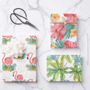 Tropisch rosa Flamingo und Blume Geschenkpapier Set