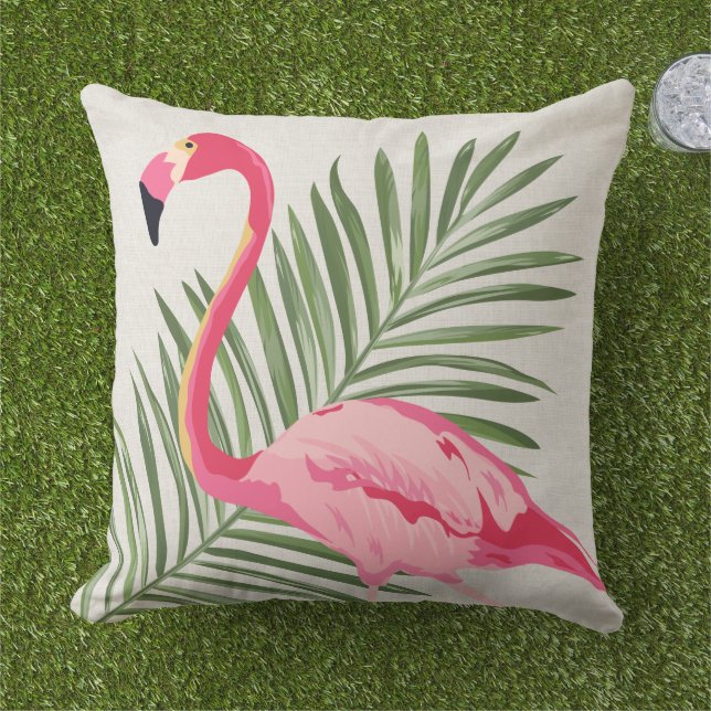 Tropisch rosa Flamingo und Palm Blätter Kissen (Gras)