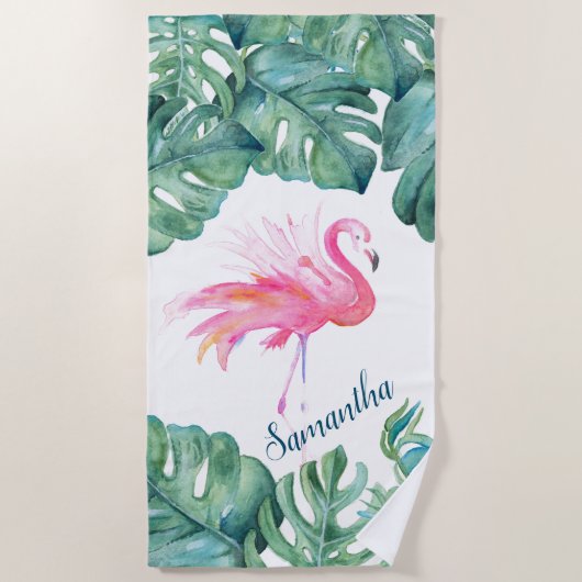 Tropisch rosa Flamingo und Palm Blätter Strandtuch (Vorderseite)