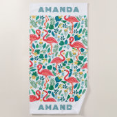 Tropisch rosa Flamingo und tropische Blätter Muste Strandtuch (Vorderseite)