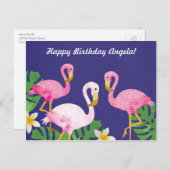 Tropisch rosa Flamingos auf Lila Postkarte (Vorne/Hinten)