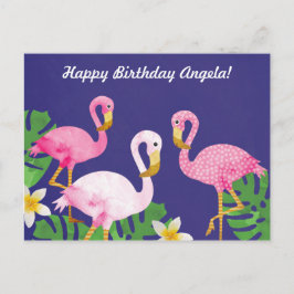 Tropisch rosa Flamingos auf Lila Postkarte