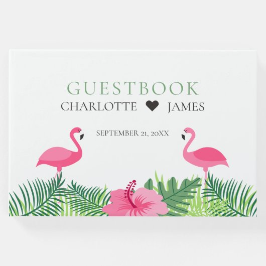 Tropisch rosa Flamingos farbenfrohe Blume Hochzeit Gästebuch (Vorderseite)