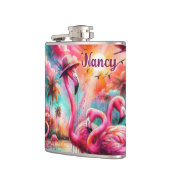 Tropisch rosa Flamingos Palmen Bäume Personalisier Flachmann (Links)