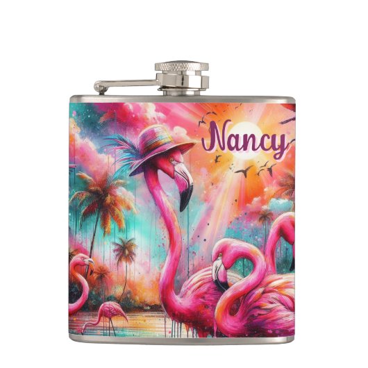 Tropisch rosa Flamingos Palmen Bäume Personalisier Flachmann (Vorderseite)