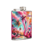 Tropisch rosa Flamingos Palmen Bäume Personalisier Flachmann (Rechts)