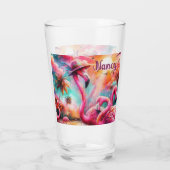 Tropisch rosa Flamingos Palmen Bäume Personalisier Glas (Rückseite)