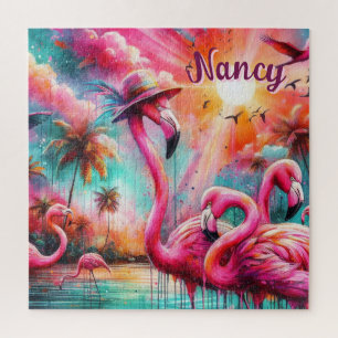 Tropisch rosa Flamingos Palmen Bäume Personalisier Puzzle