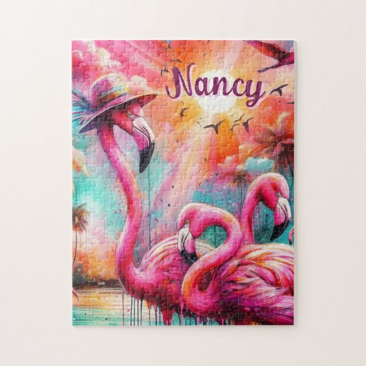 Tropisch rosa Flamingos Palmen Bäume Personalisier Puzzle (Vertikal)