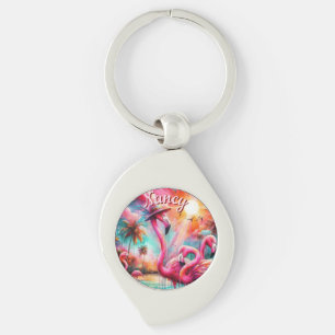 Tropisch rosa Flamingos Palmen Bäume Personalisier Schlüsselanhänger
