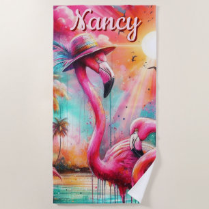Tropisch rosa Flamingos Palmen Bäume Personalisier Strandtuch