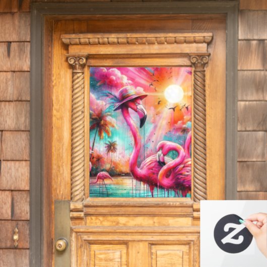 Tropisch rosa Flamingos Palmen Bäume Sonnenwasser Fensteraufkleber (Haustür)
