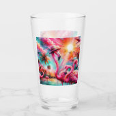 Tropisch rosa Flamingos Palmen Bäume Sonnenwasser Glas (Vorderseite)