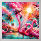 Tropisch rosa Flamingos Palmen Bäume Sonnenwasser Poster (Vorne)