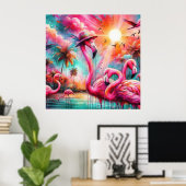 Tropisch rosa Flamingos Palmen Bäume Sonnenwasser Poster (Heimbüro)