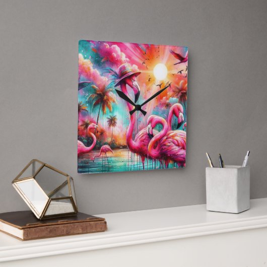 Tropisch rosa Flamingos Palmen Bäume Sonnenwasser  Quadratische Wanduhr (Büro)