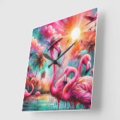 Tropisch rosa Flamingos Palmen Bäume Sonnenwasser Quadratische Wanduhr (Winkel)