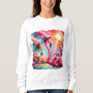 Tropisch rosa Flamingos Palmen Bäume Sonnenwasser Sweatshirt