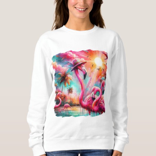 Tropisch rosa Flamingos Palmen Bäume Sonnenwasser Sweatshirt (Vorderseite)