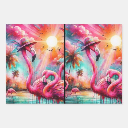 Tropisch rosa Flamingos Palmen Trees Sun Decoupage Geschenkpapier Set (Vorderseite 2)