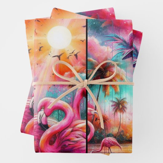 Tropisch rosa Flamingos Palmen Trees Sun Decoupage Geschenkpapier Set (Beispiel)