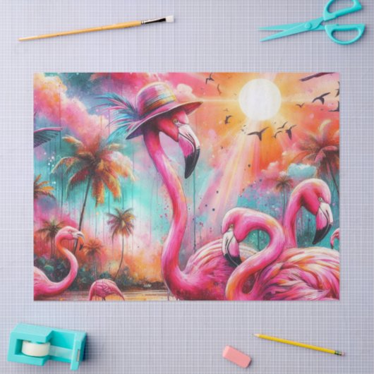 Tropisch rosa Flamingos Palmen Trees Sun Decoupage Seidenpapier (Basteln)