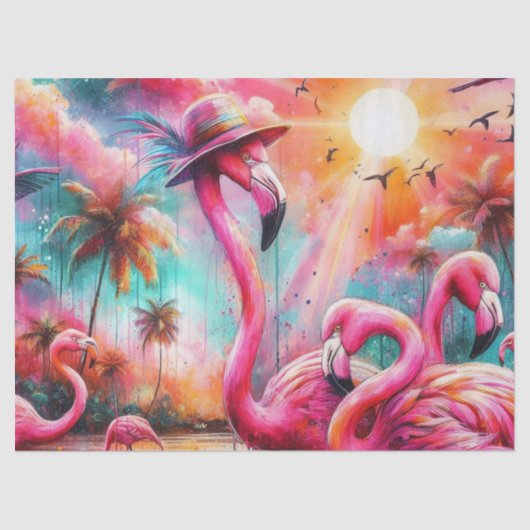 Tropisch rosa Flamingos Palmen Trees Sun Decoupage Seidenpapier (Vorderseite)