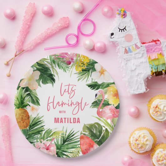 Tropisch-rosa-gelbe Flamingo Stilvoll Pappteller (Party)