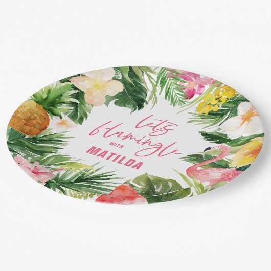 Tropisch-rosa-gelbe Flamingo Stilvoll Pappteller (Schrägansicht)