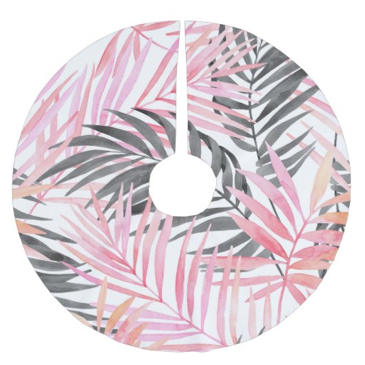 Tropisch rosa grüne Blätter Wasserfarbe Polyester Weihnachtsbaumdecke (Vorderseite)