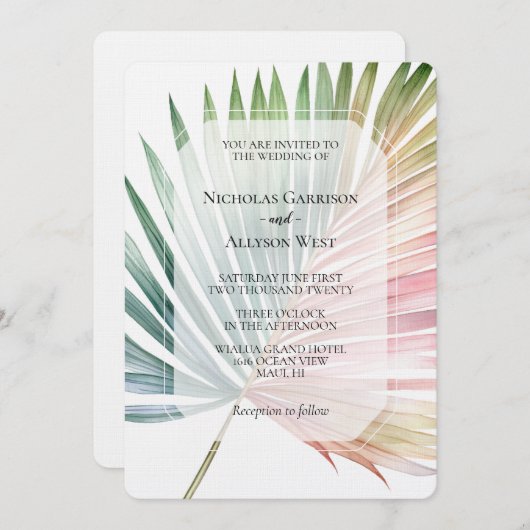 Tropisch-rosa-grüne Leaf-Hochzeit Einladung (Vorne/Hinten)