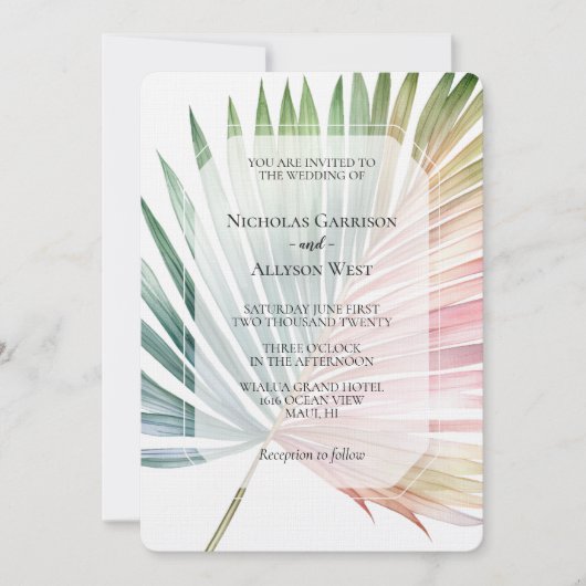 Tropisch-rosa-grüne Leaf-Hochzeit Einladung (Vorderseite)