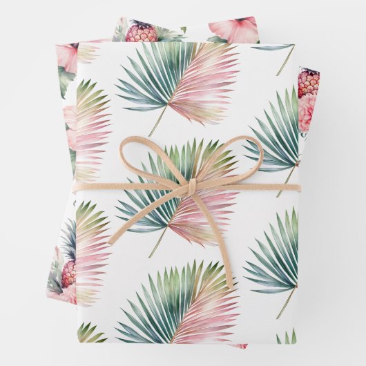 Tropisch-rosa-grüne Leaf-Hochzeit Geschenkpapier Set (Beispiel)