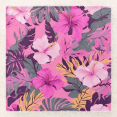 Tropisch-rosa Hibiskus - Blumenmuster mit Blätter Glasuntersetzer (Vorderseite)