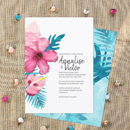 Tropisch rosa Hibiskus Türkis Ferns Wedding Einladung