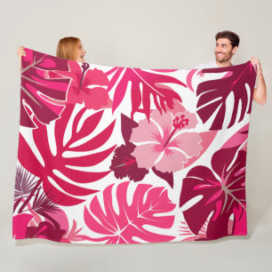 Tropisch rosa Hibiskus und Monstera Blätter Muster Fleecedecke