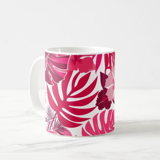 Tropisch rosa Hibiskus und Monstera Blätter Muster Kaffeetasse (Vorderseite Links)