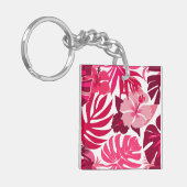 Tropisch rosa Hibiskus und Monstera Blätter Muster Schlüsselanhänger (Vorderseite links)