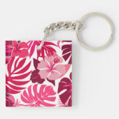 Tropisch rosa Hibiskus und Monstera Blätter Muster Schlüsselanhänger (Rückseite)