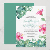 Tropisch-rosa Hibiskus Wasserfarbenhochzeit einlad (Vorne/Hinten)