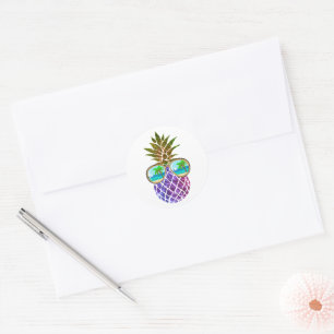 Tropisch rosa lila Ananas Runder Aufkleber