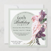 Tropisch rosa Papagei und Sage Floral 60. Geburtst Einladung (Vorderseite)