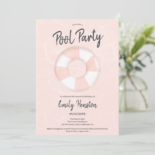 Tropisch rosa Schwimmbecken Party Sweet 16 Einladung (Stehend Vorderseite)