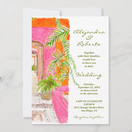 Tropisch-rosa Wände und Palm Courtyard Art Wedding Einladung (Vorderseite)